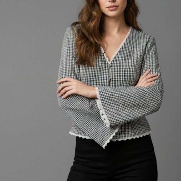 Shepherd Check Lace Cap Sleeve Single Button Blouse - Picture 4 of 8